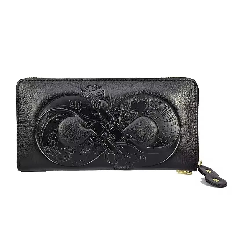 Portefeuille Long en Cuir Véritable avec Motif Floral – Élégance et Polyvalence BagshotStore