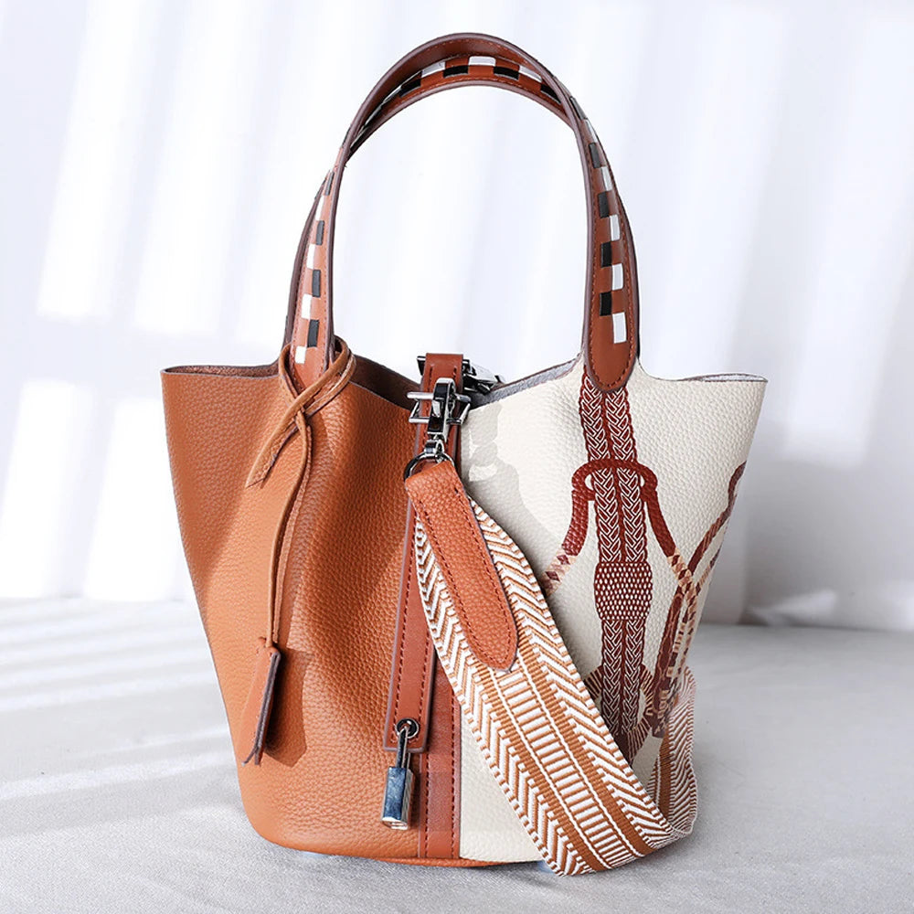 Various Genuine Leather Luxury Bag Fashion Women's Handbag Vegetable Basket Style Portable Women Bucket Bag with Lock BagshotStore