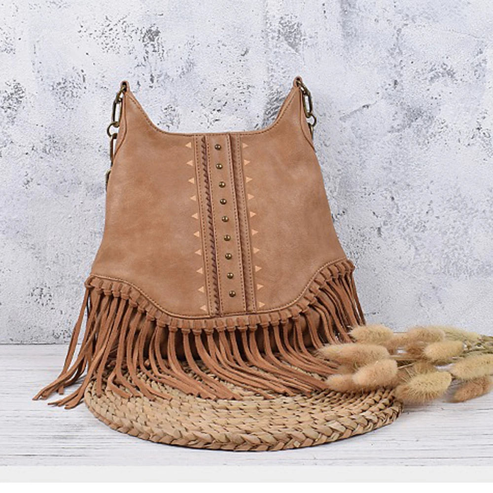 Annmouler Vintage Women Handbags PU Leather Tote Bag with Leather Tassel High Qualtiy Bag for Women Gifts(pu+leather) BagshotStore