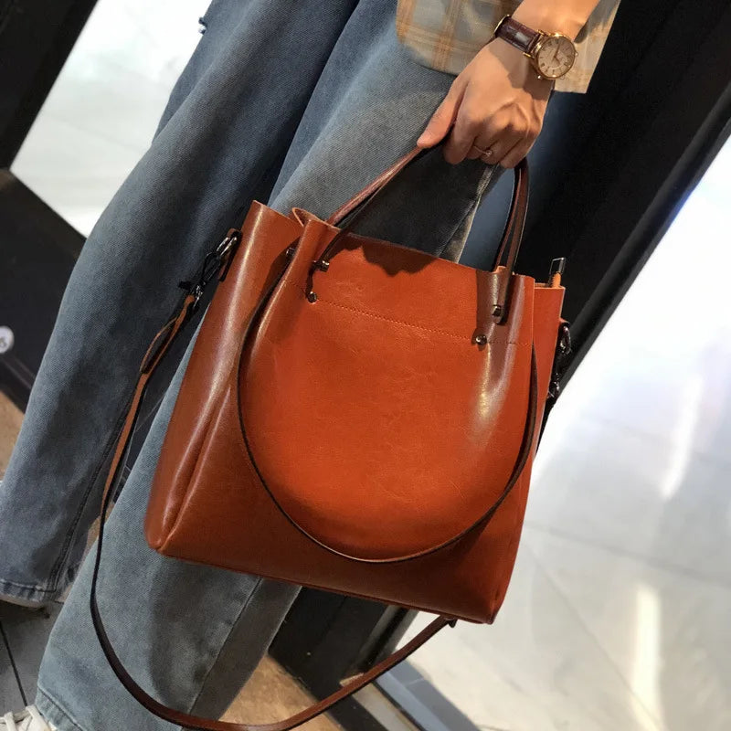 Genuine Leather Women's Bag Wax Leather Large Capacity Bucket Bag New Solid Color Fashionable Shoulder Bag Commuter  Crossbody BagshotStore