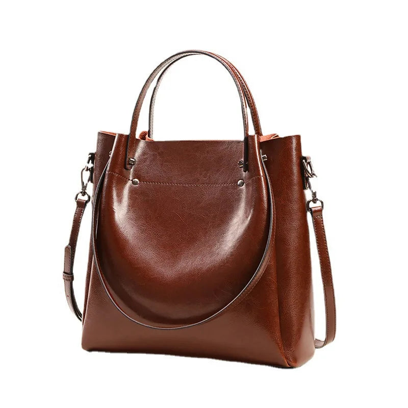 Genuine Leather Women's Bag Wax Leather Large Capacity Bucket Bag New Solid Color Fashionable Shoulder Bag Commuter  Crossbody BagshotStore