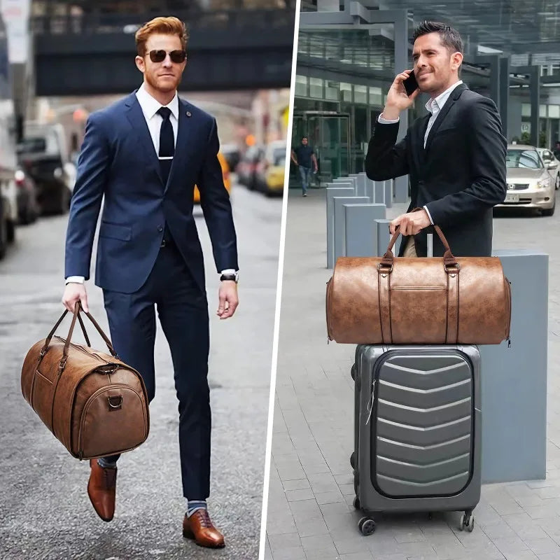2025 New Men's Large Capacity Leather Waterproof Weekend Travel Business Convertible Suit Bag 2 in 1 Hand Carry-on Luggage Bag BagshotStore