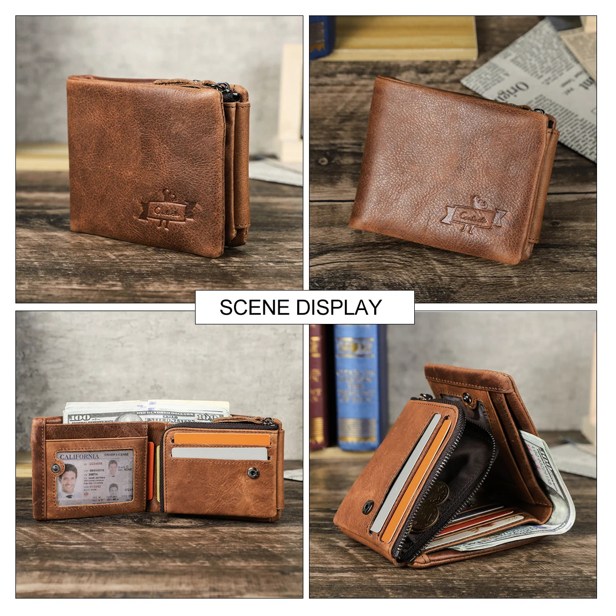 CONTACT'S Genuine Crazy Horse Leather Men Wallets Vintage Trifold Wallet Zip Coin Pocket Purse Cowhide Leather Wallet For Mens BagshotStore