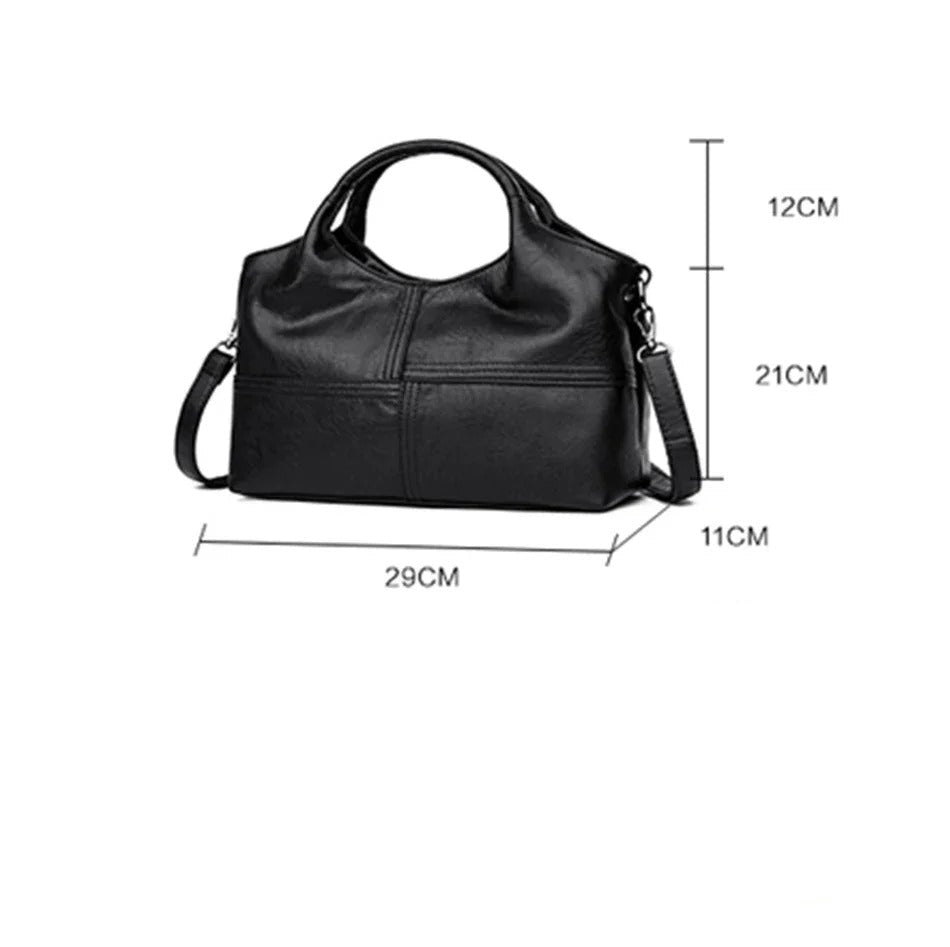 Sac à main femme cuir souple noir vue ensemble avec dimensions BagshotStore
